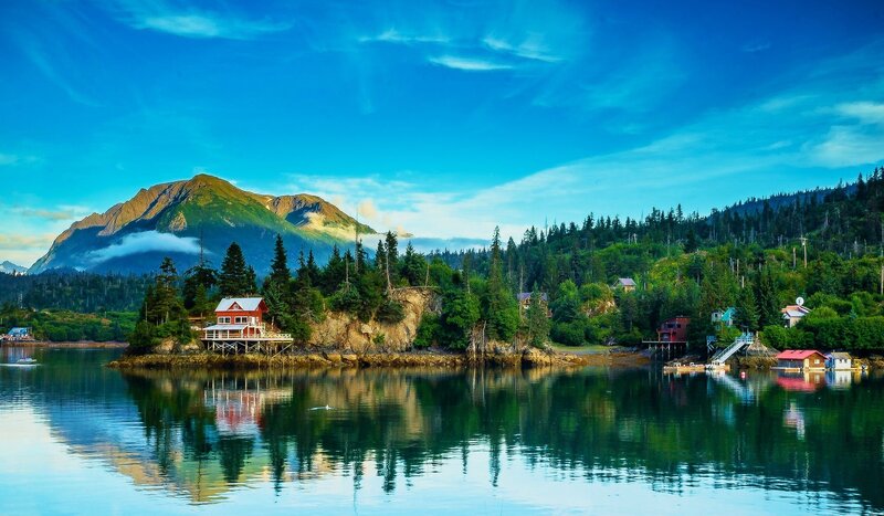 Red Cabin on Lake Shore — Blue, Serene