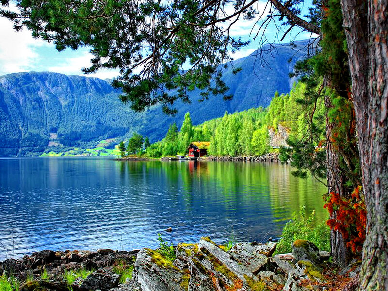 Red Cabin on Lake Shore — Blue