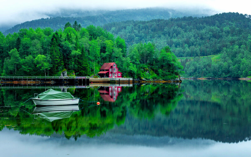 Red Cabin on Lake Shore — Green, Serene