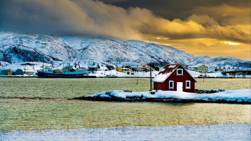 Red Cabin on Snow — Dramatic, Winter