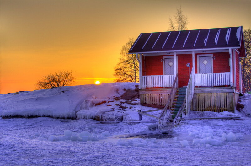 Red Cabin on Snow