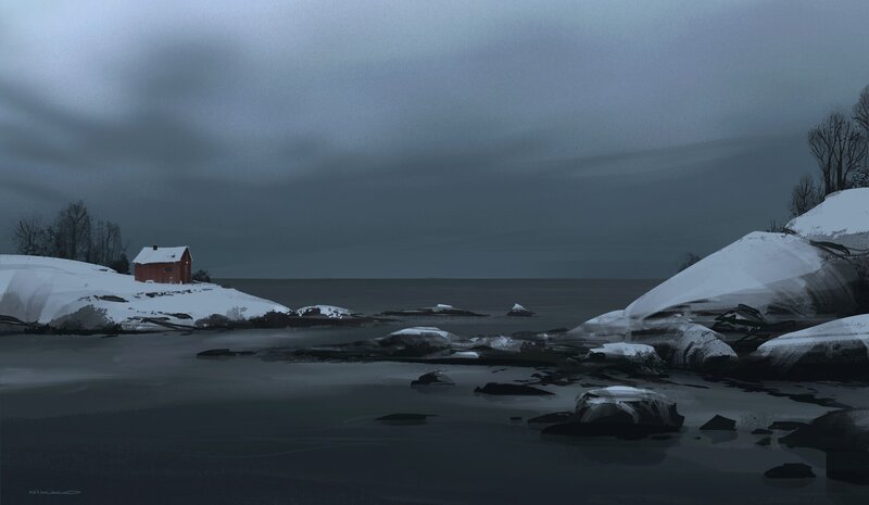 Red Cabin on Snowy Shore — Gray
