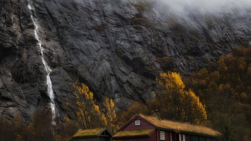 Red Cabin with Waterfall — Brown, Serene