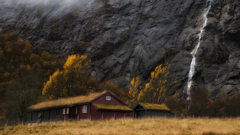 Red Cabin with Waterfall — Brown