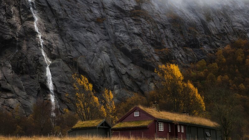 Red Cabin with Waterfall — Serene, Autumn