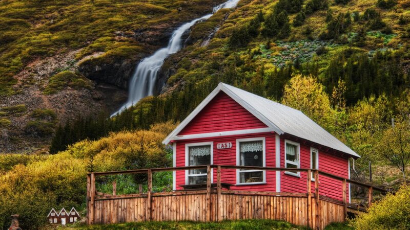Red Cabin with Waterfall — Serene