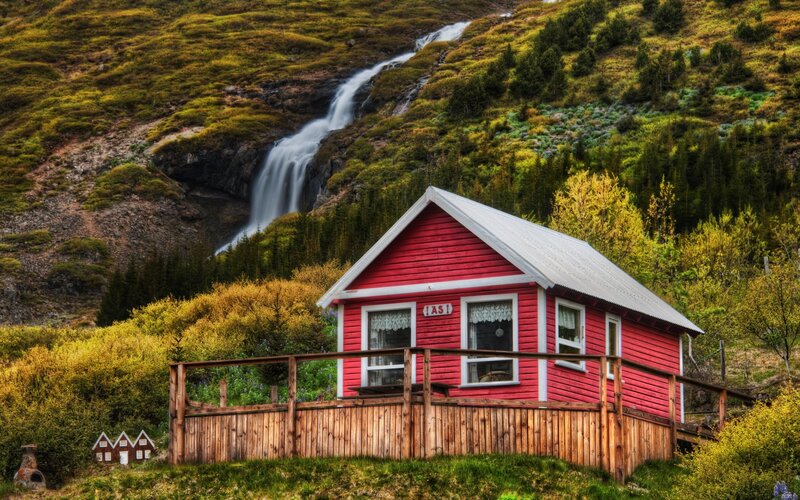 Red Cabin with Waterfall