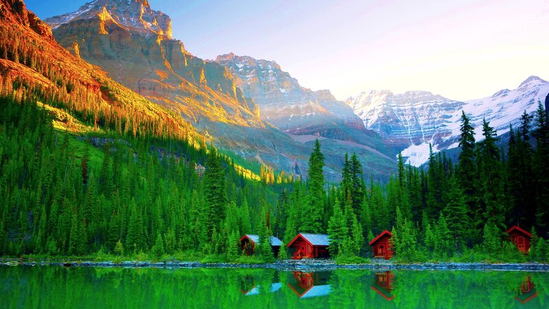 Red Cabins by Lake — Green, Serene