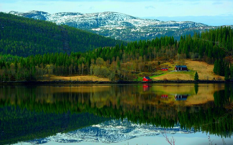 Red Cabins by Lake — Green