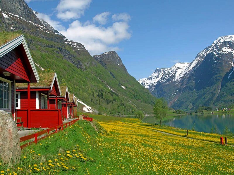 Red Cabins by Lake