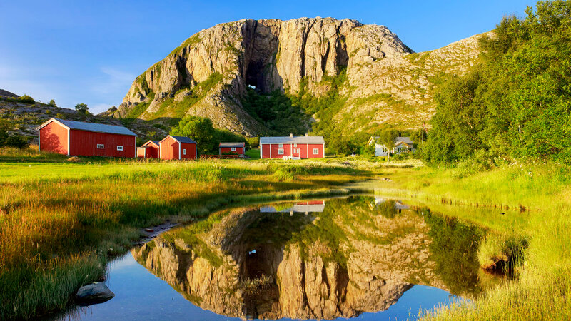 Red Cabins by Mountain — Green