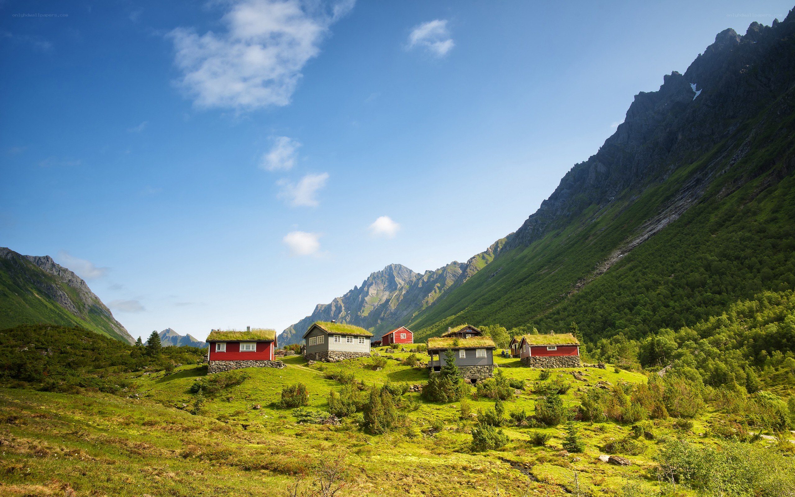 Red cabins in a mountain valley