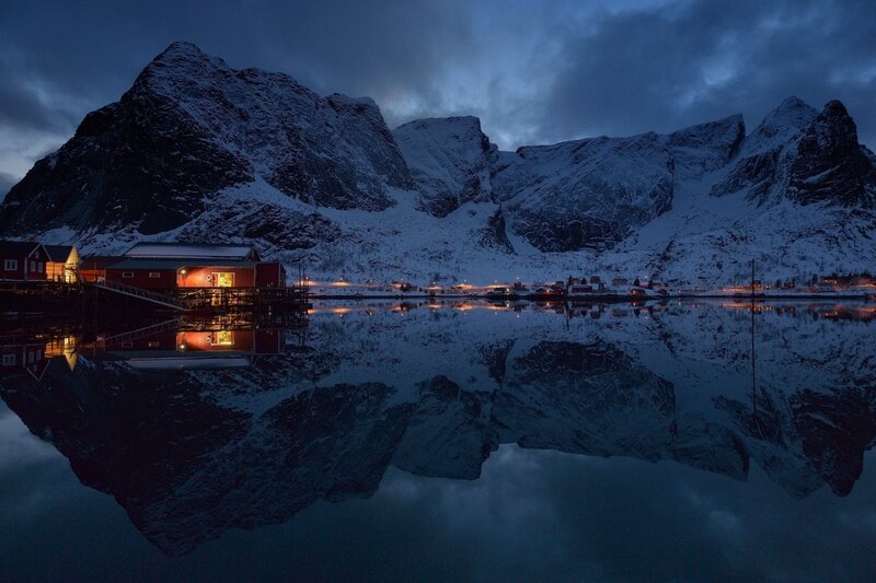 Red Cabins in Snow — Blue, Serene