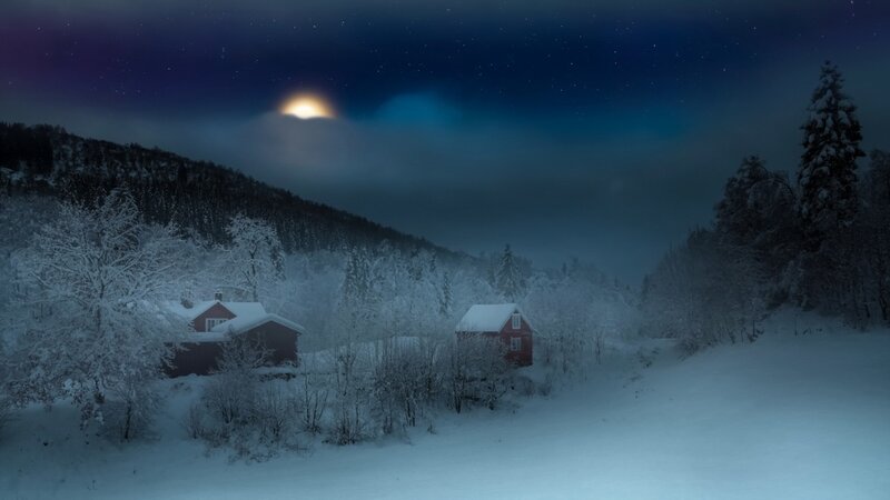 Red Cabins in Snow — Blue