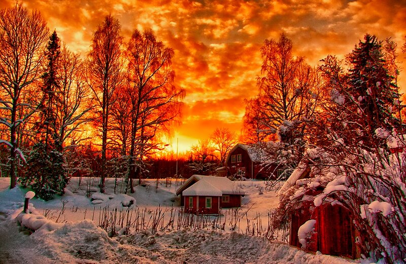 Red Cabins in Snow — Orange