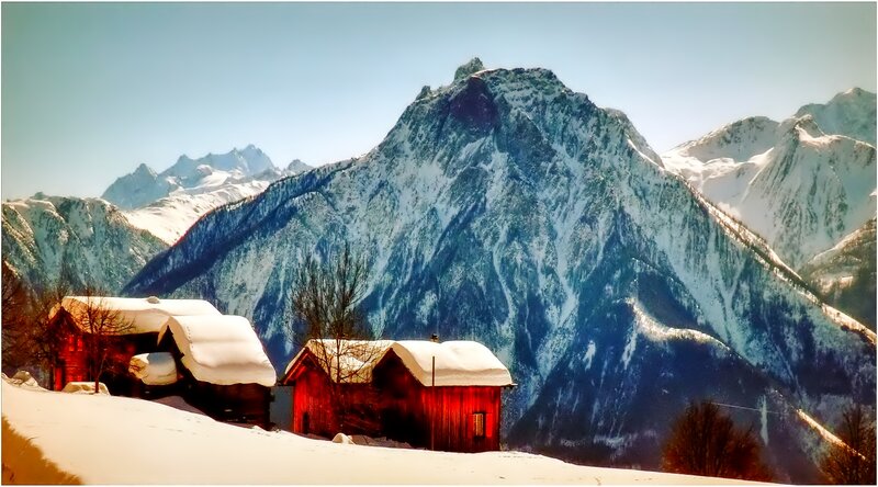 Red Cabins in Snow — White, Serene, Winter
