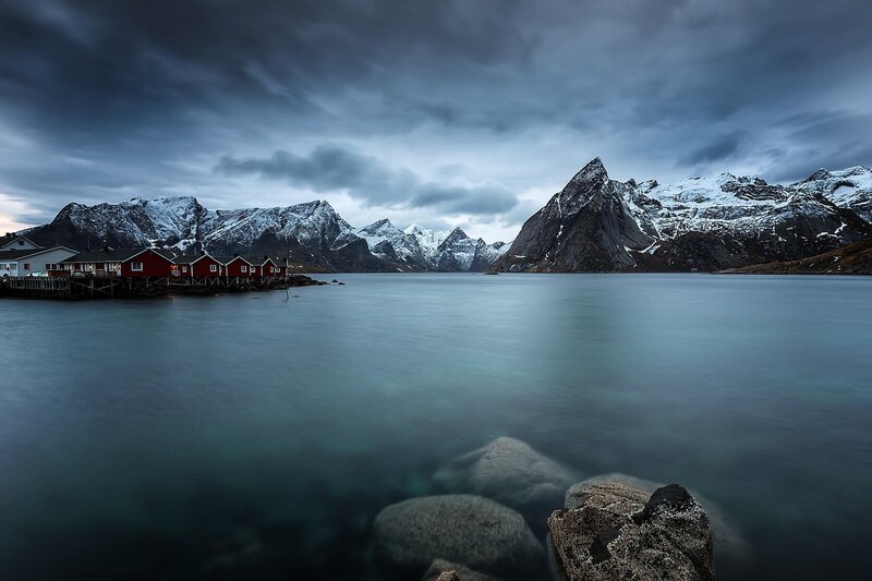 Red Cabins on Water — Blue