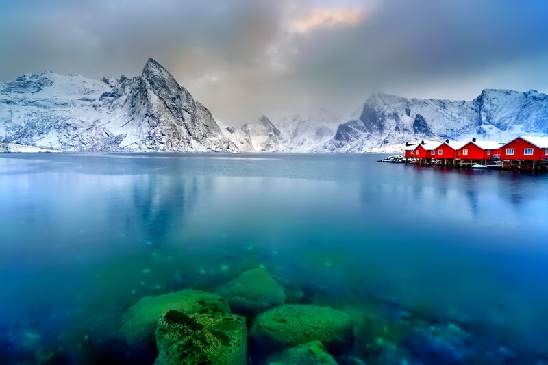 Red Cabins on Water