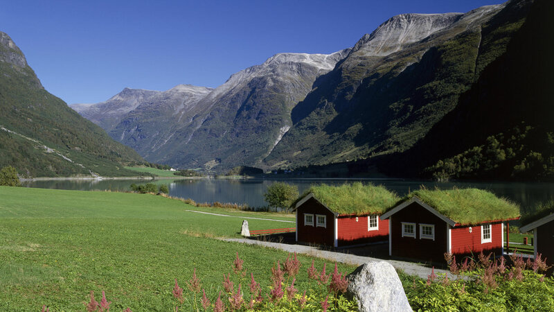Red Cabins with Grass Roofs — Green