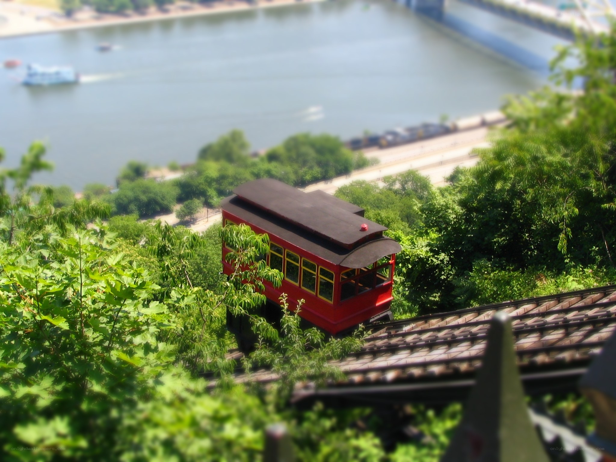 red cable car on hillside