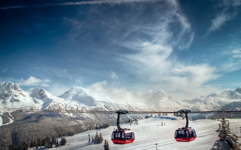 Red Cable Cars in Mountains — Blue, Dramatic