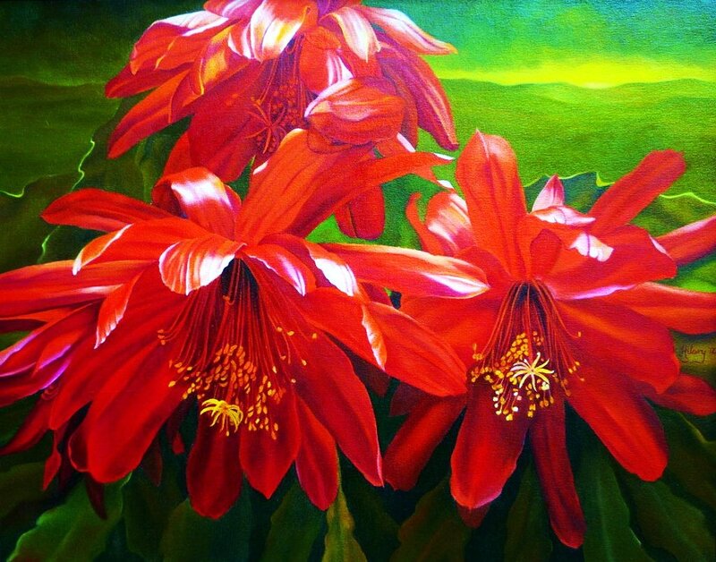 Red Cactus Flowers — Vibrant, Painting