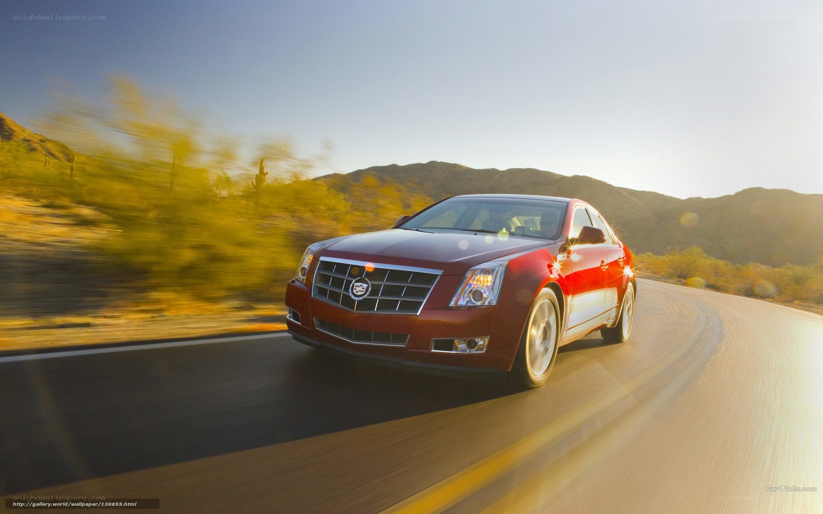 Red Cadillac driving on desert road
