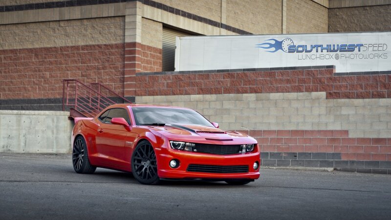 Red Camaro Car — Dramatic, Afternoon, Photograph, Building, Staircase