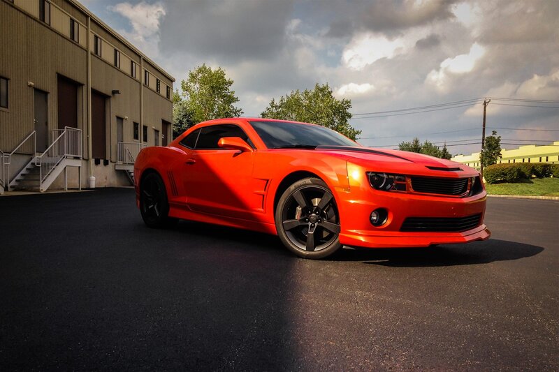 Red Camaro Car — Dramatic, Afternoon, Photograph, Building, Trees