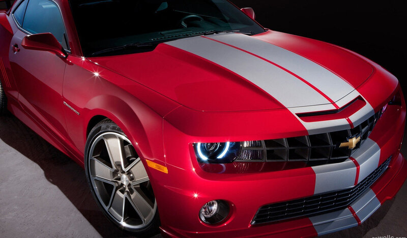 Red Camaro Car — Dramatic, Photograph, Stripes, Headlights