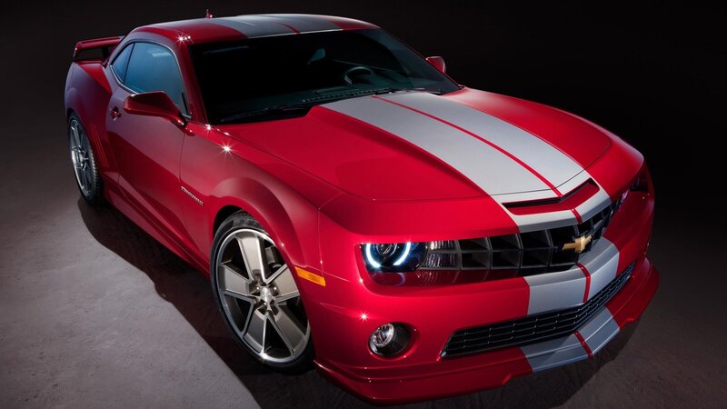 Red Camaro Car — Dramatic, Photograph, White Stripes