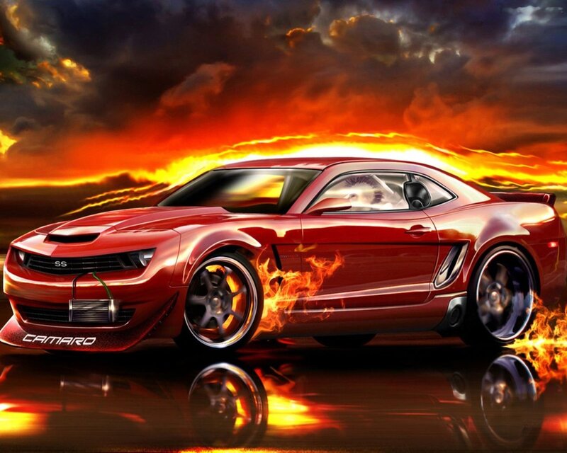 Red Camaro Car — Dramatic, Sunset, Digital Art