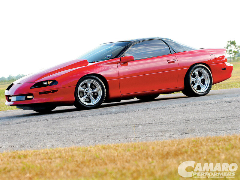 Red Camaro Car — Dynamic, Afternoon, Photograph, Road, Grass
