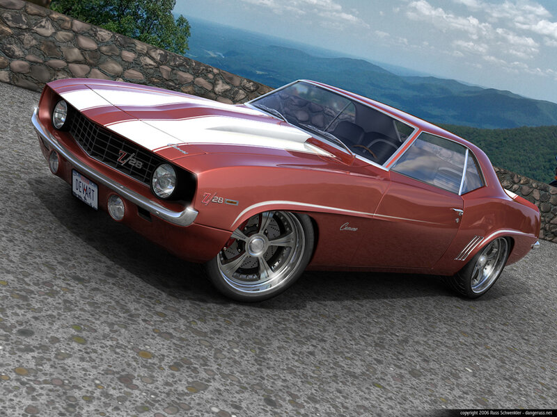 Red Camaro on a mountain road