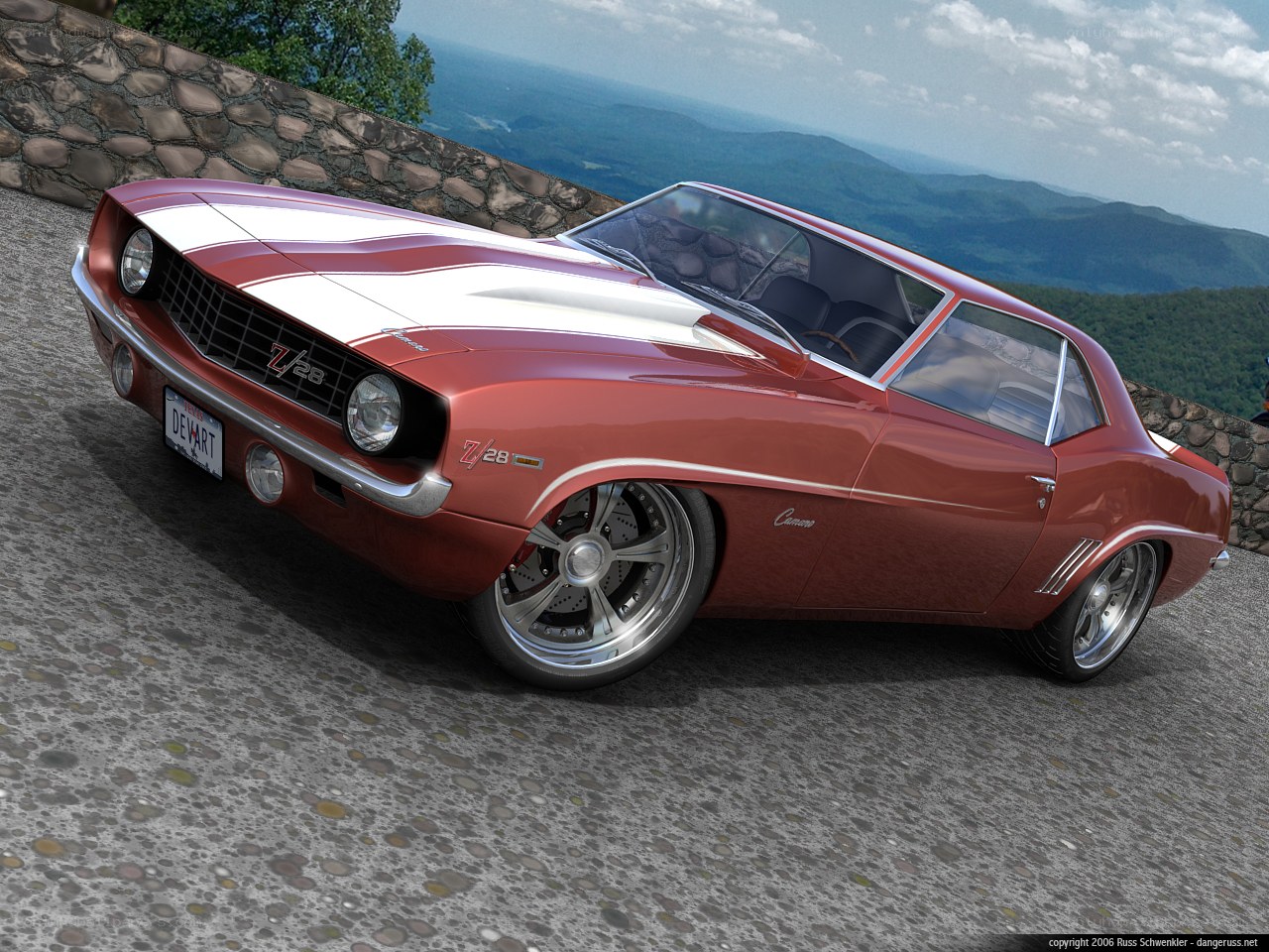 Red Camaro on a mountain road