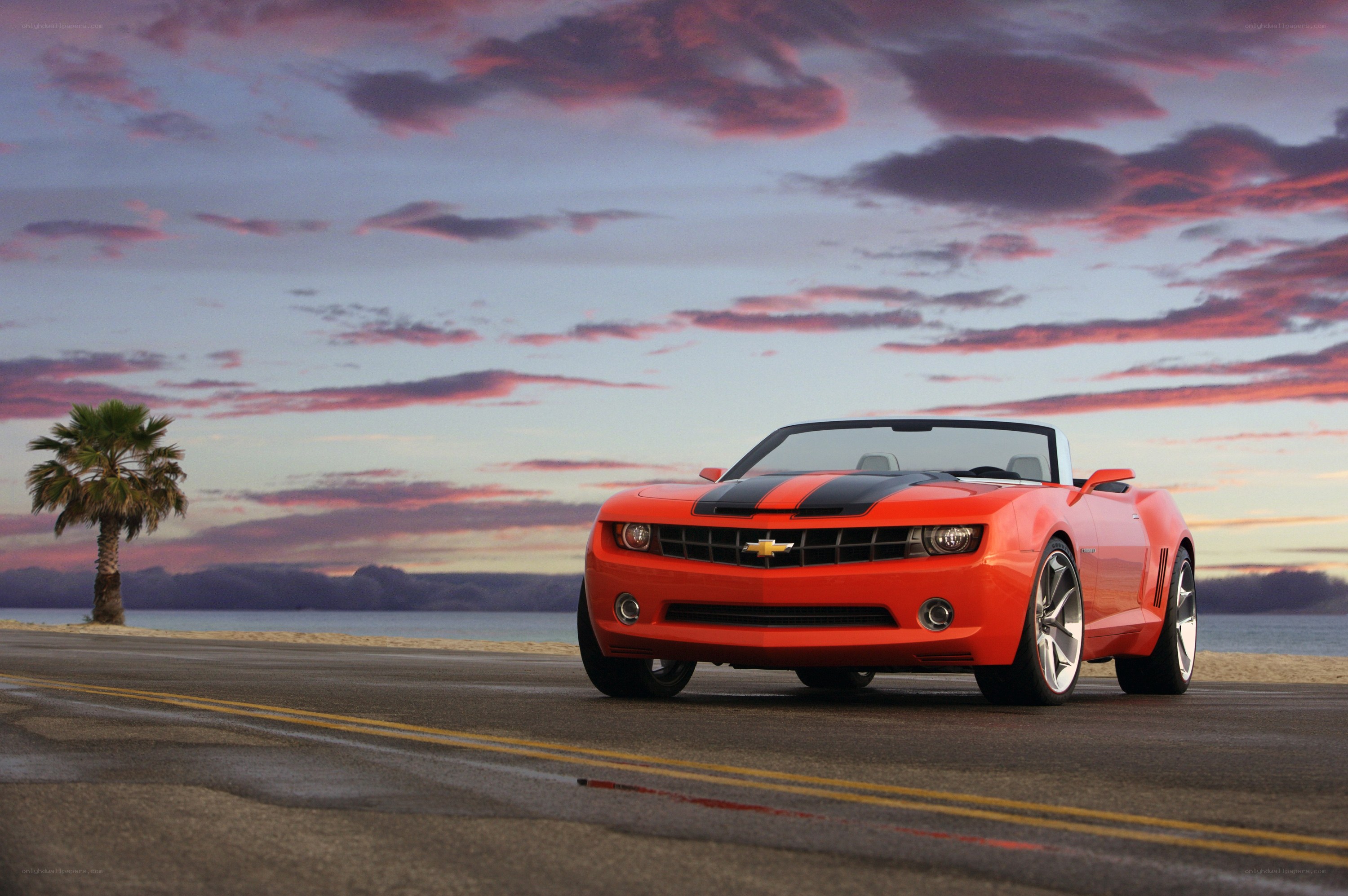 Red Camaro on beach road