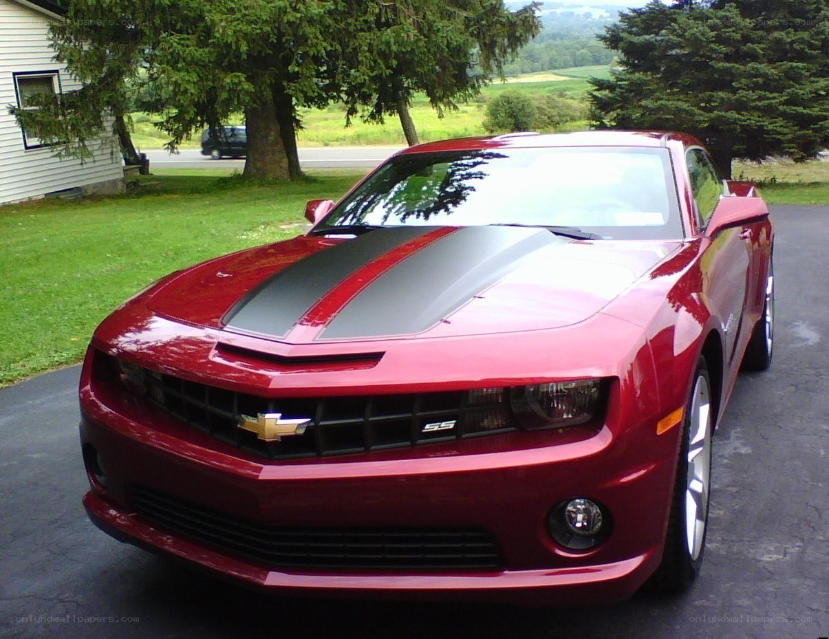 Red Camaro SS with racing stripes