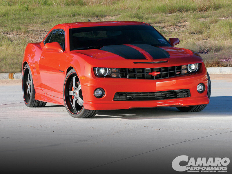 Red Camaro with black stripes