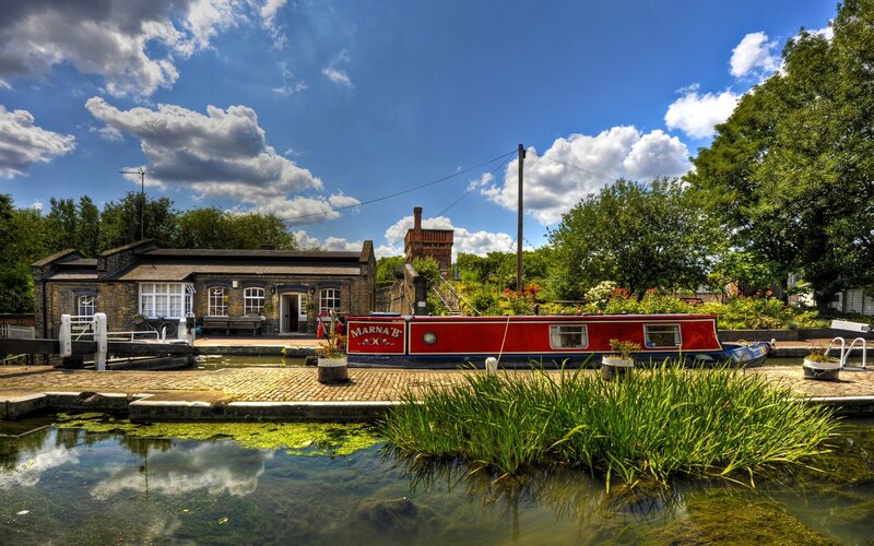 Red Canal Boat at Lock — Blue, Serene