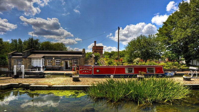 Red Canal Boat at Lock — Blue