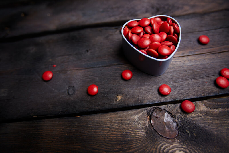 Red Candies in Heart Bowl