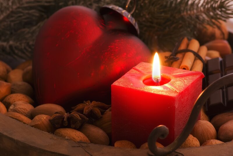 Red Candle in Wooden Bowl