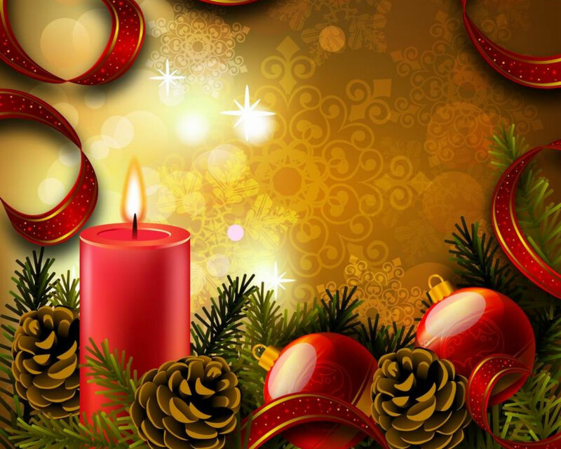 Red Candle with Ornaments — Festive, Winter, Digital Art, Pine Branches