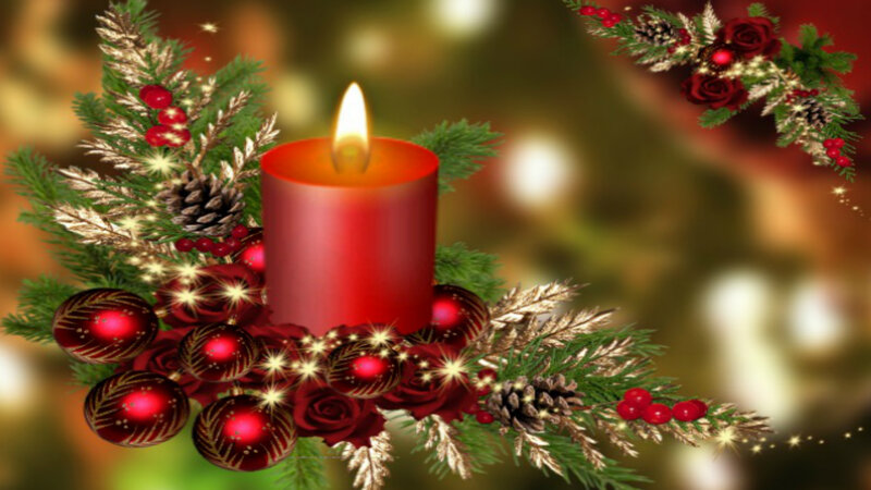 Red Candle with Ornaments — Festive, Winter, Digital Art