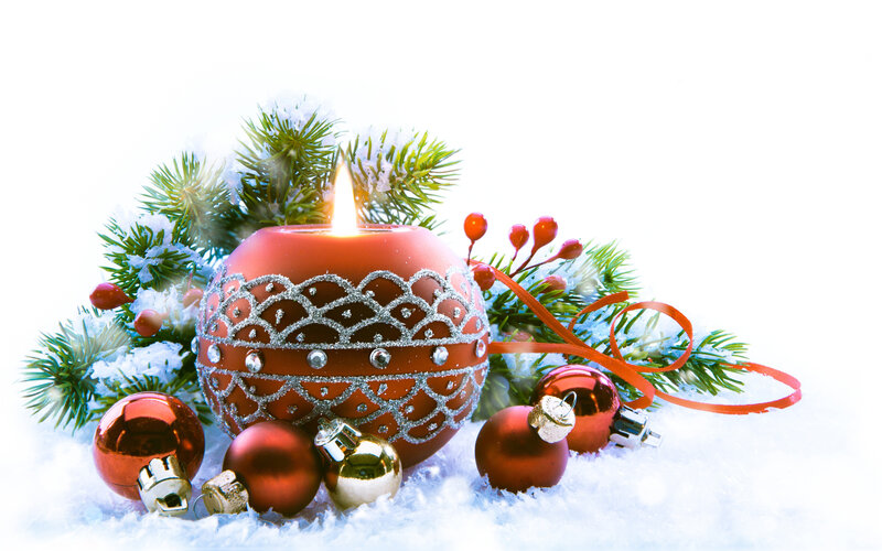 Red Candle with Ornaments — Festive, Winter, Photograph, Pine Branches
