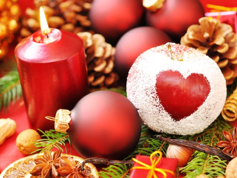 Red Candle with Ornaments — Festive, Winter, Photograph