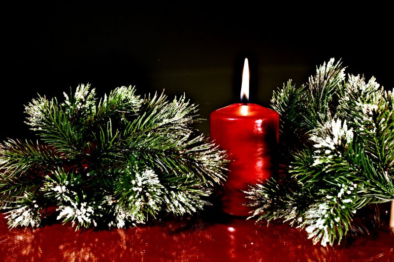 Red Candle with Pine Branches — Festive