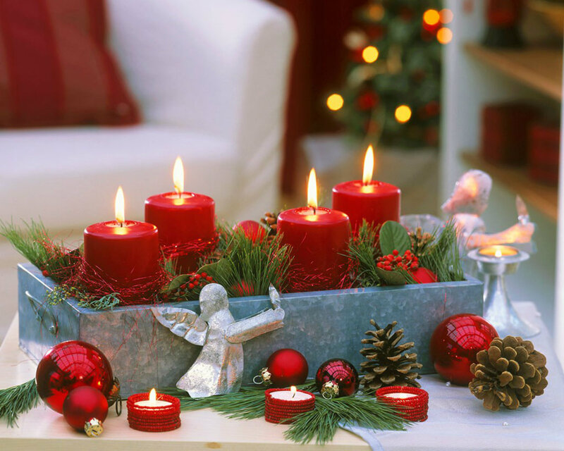 Red Candles in Metal Tray