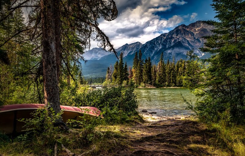 Red Canoe by Lake