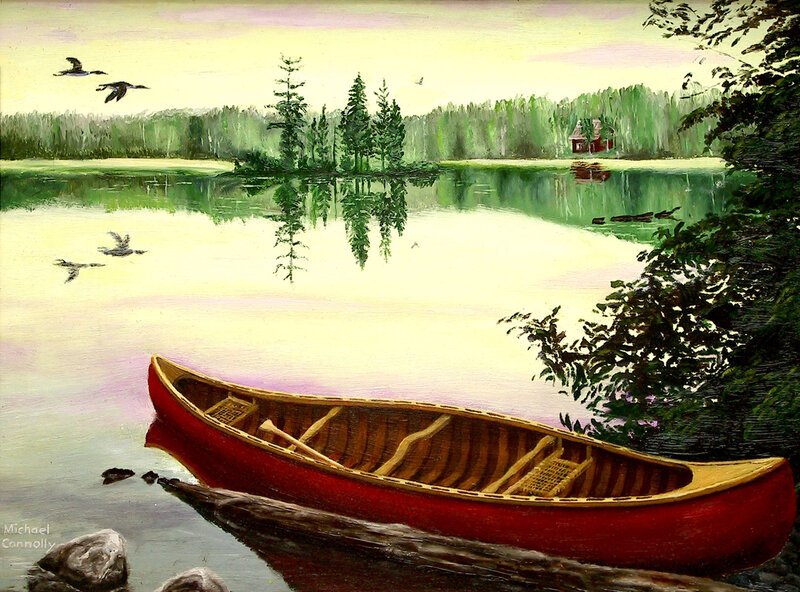 Red canoe on a calm lake
